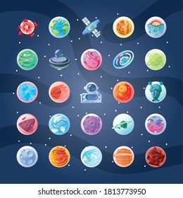 set of icons with planets or asteroids vector illustration design