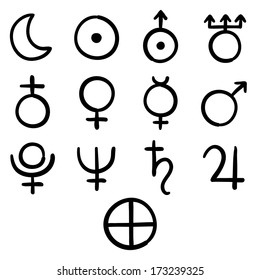 Set of icons for the planets, sun and moon with Venus, Mars, Jupiter, Uranus, Earth, Mercury, Saturn, Neptune and Pluto represented by ancient astrological symbols, illustration