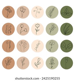 A set of icons of plants, flowers, branches in grunge circles