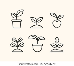 set of icons of plants growing garden pot simple line art design modern minimalist style	