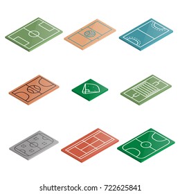 Set of icons playgrounds football, soccer, basketball, baseball, ice hockey, volleyball, handball and tennis. Design element of sports objects. Flat 3d isometric style, vector illustration.