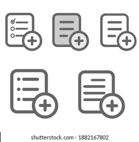 A set of icons, a plus symbol in a linear style, in the form of a sheet of paper, with the written text eps10