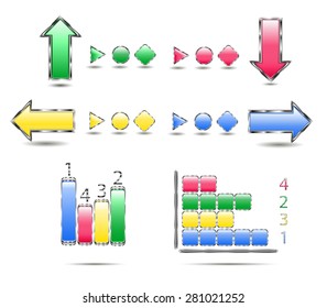 Set of icons pointer arrows, 3d vector illustration isolated on white background, can be used for workflow layout, banner, number options, step up options, web design, infographics.