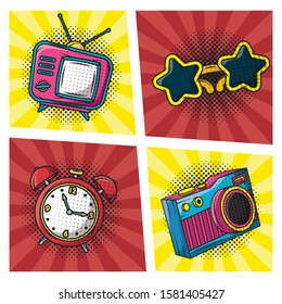 set icons pop art style vector illustration design