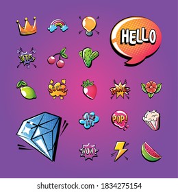 set of icons pop art style on purple background vector illustration design