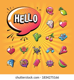set of icons pop art style in comic background vector illustration design