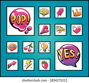 set of icons pop art style on blue background vector illustration design