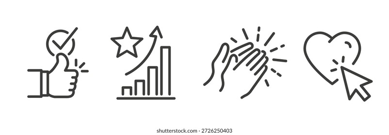 definir ícones de popularidade, aplaudir, aprovar, como escolha, interação de mídia social, aplausos, recomendar, arte vetorial de linha em branco