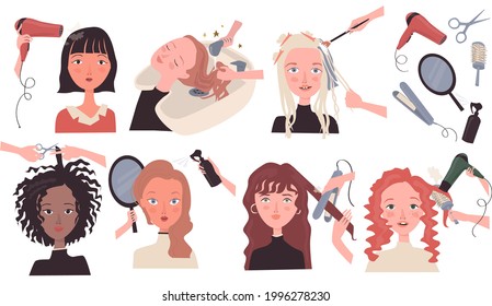 Set Of Icons Of Portraits Of Women With Different Hair Doing Procedures In A Beauty Salon. Hair Coloring, Hairdrying, Hair Straightening, Styling, Shampooing. Vector Illustration.