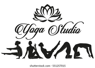 Set icons of poses of yoga with women. Isolated vector illustration. Poster for studio of yoga. Creative yoga design concept