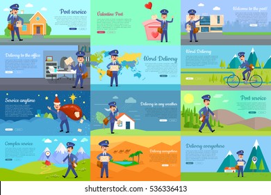 Set of icons with postman characters and mail boxes. Mailman bringing common and love letters, bicycle, hurrying. Collection of various postboxes different in shape, colour, size. Vector illustration