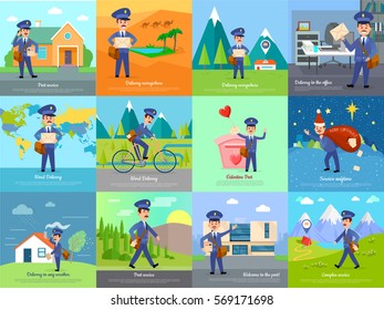 Set of icons with postman characters and mail boxes. Mailman bringing common and love letters, bicycle, hurrying. Collection of various postboxes different in shape, colour, size. Vector illustration
