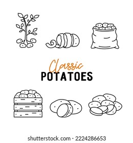 Set of icons with potatoes. Potato bush, box, sack and chopped potatoes. Vector linear illustration