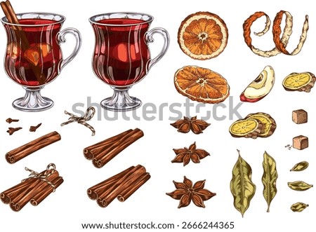 Set with icons for preparation of Mulled wine with fruits and spices. Watercolor hand sketch. Glasses with red wine, cinnamon, cloves, anise, orange, apple, bay leaf. Christmas. Vector illustration.