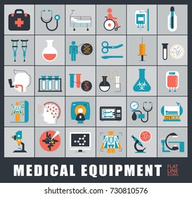 Set of icons presenting various medical equipment. Collection of icons related to medicine equipment, hospital, emergency. 