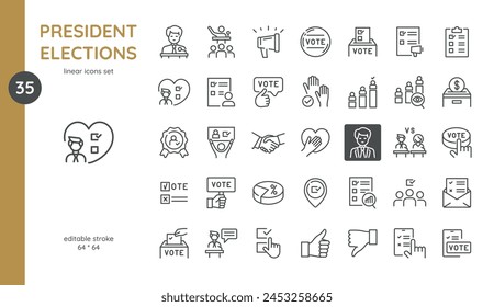 Conjunto de iconos - Elecciones presidenciales. Boletas de votación, Insignias de voto, Discurso y debates públicos, Votación, Activistas, Asistencia al candidato y más. Colección de iconos de líneas con trazo editable.