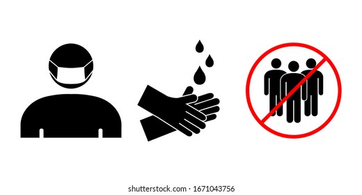 Set of icons for the prevention of infection with coronavirus covid-2019. Wearing a medical mask , washing hands, avoiding large crowds.