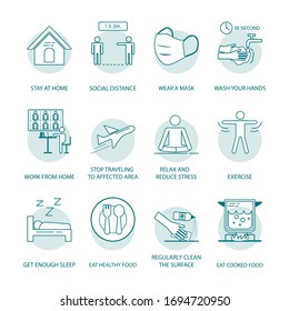 Set of icons prevention and taking care yourself during crisis Corona virus (COVID-19).  Simple icons. Vector illustration.