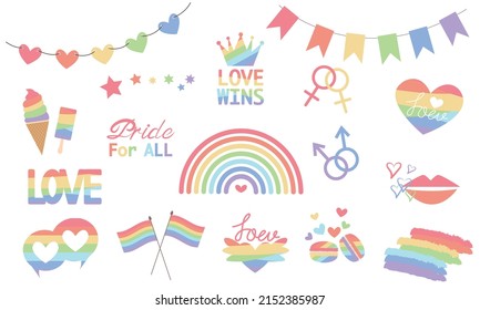 Set of icons for Pride Month design. Rainbow color icons collection for Happy Pride Month festival. Vector illustration.