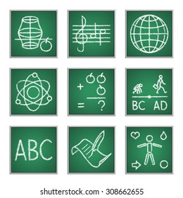 set of icons for primary school subjects written on blackboard with chalk