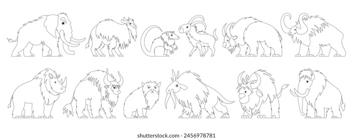 Set of icons of primitive animals, antediluvian beasts of the Stone Age. Elephant, mammoth, buffalo, bull, bison, saber tooth, wild cat, ram and goat in the form of the period BC.