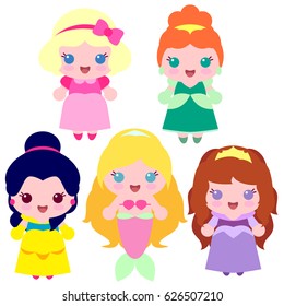 Set of icons of princesses, dolls and mermaid. Toys. Children's characters in the flat style.