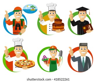 Set of icons - professions. Traveler, cook, student, gardener, businessman. Vector illustrations. 