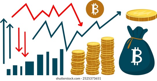 Conjunto de ícones crescimento de lucro, perda, moedas, gráfico de seta. Conceito de sucesso empresarial, crescimento econômico ou de mercado, rendimento de investimento, ganhos de capital, benefícios. Estilo simples de vetor plano