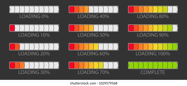 A set of icons of the progress bar. Loading progress indicator, download process, load icon, download time, loading bar. Vector illustration in a flat style isolated on background.