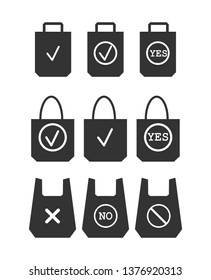 set of icons prohibiting the use of plastic packaging and approving the use of organic packages. Do not use plastic bags. Environmental protection