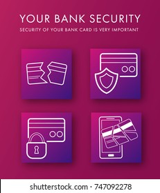 Set icons of protection bank card. Deactivation or blocked card if it was break-in. Outline white Icons of broken credit cards on pink-purple background. Can be used as logo for app or for navigation