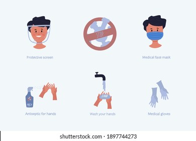 A set of icons Protection from coronavirus. Medical mask, Protective screen, Gloves, Hand Antiseptic. Stop the Covid19 virus. Vector illustration