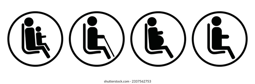 A set of icons for public transport. The seat of an elderly man, a pregnant woman, a disabled person. Icons for determining places in the subway, train, bus