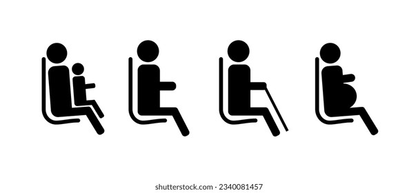 A set of icons for public transport. The seat of an elderly man, a pregnant woman, a disabled person. Icons for determining places in the subway, train, bus