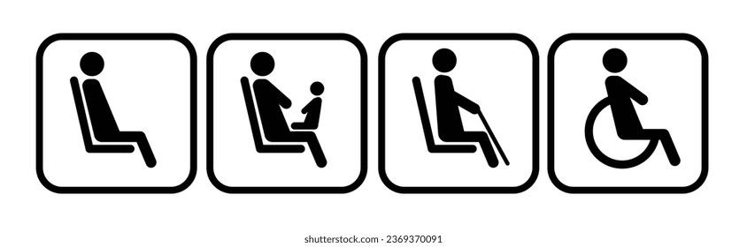 A set of icons for public transport. The seat of an elderly man,  a disabled person,person with kid. Icons for determining places in the subway, train, bus