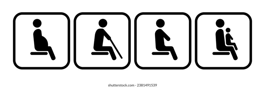 A set of icons for public transport. The seat of an elderly man, a pregnant woman, a disabled person. Icons for determining places in the subway, train, bus