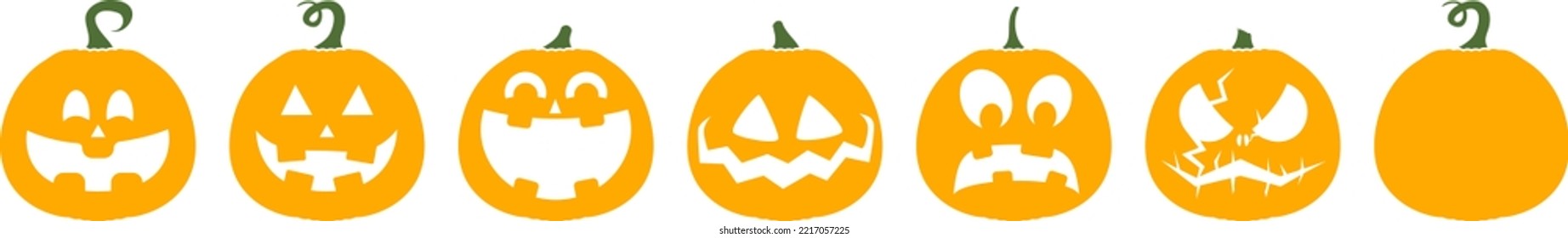 Establezca la calabaza de iconos en fondo blanco. Calabaza naranja con sonrisa por tu diseño para las vacaciones de Halloween. Ilustración vectorial. 2 colores