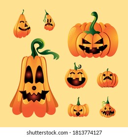 set of icons with pumpkins face for halloween vector illustration design