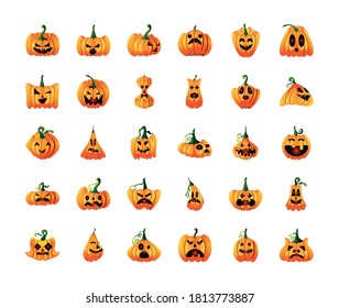 set of icons with pumpkins face on white background vector illustration design