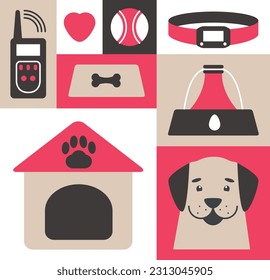A set of icons with a puppy and accessories for caring for him. Drinking bowl and bowl for pets. Controlled dog walking collar. Ball for active games. Love to the animals. Flat illustration.