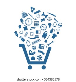 Set of icons. Put into shopping cart. Great buy. Cart of goods. Supermarket icon, vector illustration. Flat design style
