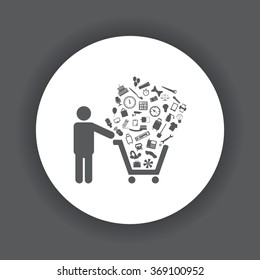 Set of icons. Put into shopping cart. Great buy. Cart of goods. Supermarket icon, vector illustration. Flat design style