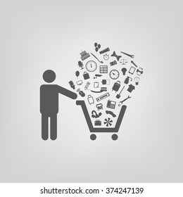 Set of icons. Put into shopping cart. Great buy. Cart of goods. Supermarket icon
