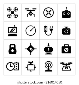 Set icons of quadrocopter, hexacopter, multicopter and drone isolated on white. Vector illustration