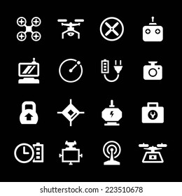 Set icons of quadrocopter, hexacopter, multicopter and drone isolated on black. Vector illustration