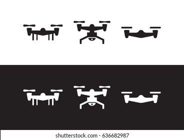 Set icons of quadrocopter, multicopter and drone isolated on black and white background. Vector illustration
