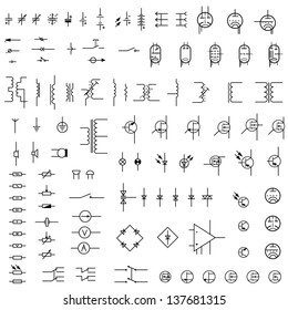 Set of icons of radio electronics (resistance, transistor, diode, capacitor, inductor).