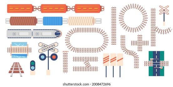 Conjunto de Icons Ferrocarriles, Vía Recta y Curva, Barrera, Luces de Tráfico, Semáforo. Circulación por tren de transporte, líneas de carreteras cruzadas y rectas aisladas en fondo blanco. Señales de vectores de dibujos animados