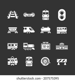 Set icons of railroad and train isolated on black. Vector illustration