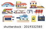 Set of Icons Railway Station Building, Plastic Seats, Electric Train, Platform, Customer Service Booth and Digital Schedule Display, Clock Isolated on White Background. Cartoon Vector Illustration